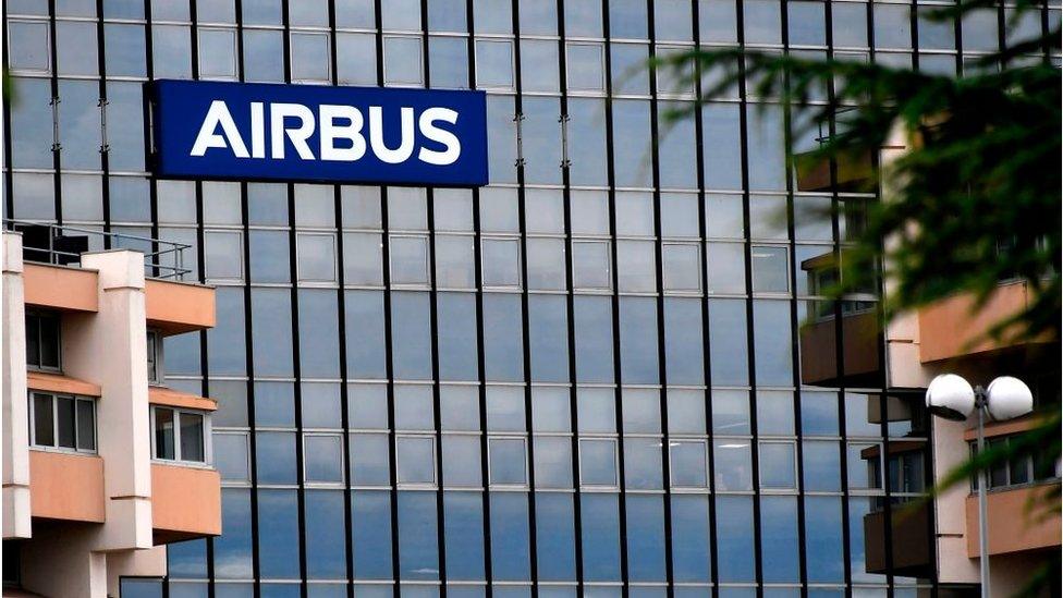 Airbus logo on the company headquarter's building, in the outskirt of Toulouse.