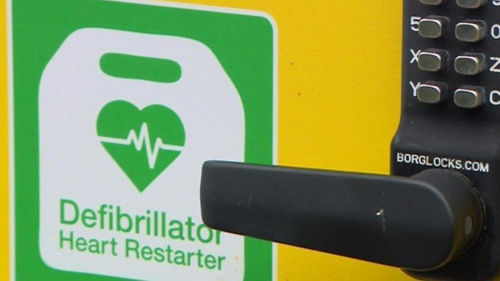 The locked defibrillator cabinet in Ruardean