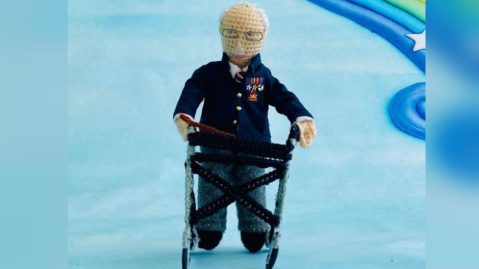 Knitted model of Captain Tom Moore