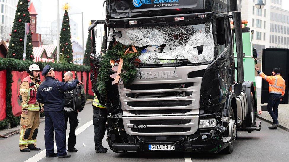 The damaged lorry after the Christmas market attack (20 Dec)