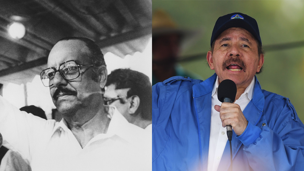 Anastasio Somoza waves to his supporters behind a bullet-proof glass during a meeting in Managua in 1978, a few months before being overthrown by leftist Frente Sandinista de Liberacion National movement 20 July 1979/Nicaraguan President Daniel Ortega speaks to supporters during the government-called 'Walk for Security and Peace' in Managua on July 7, 2018