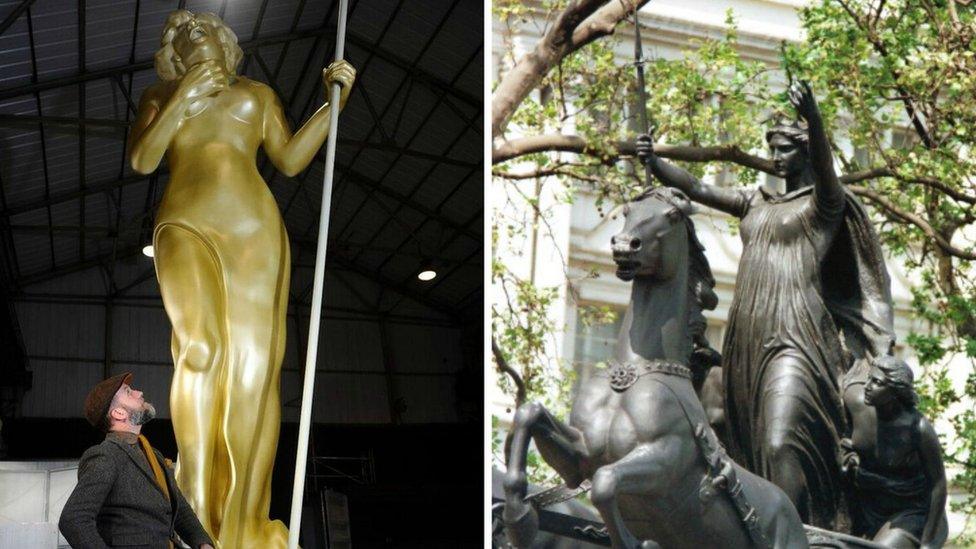 A statue of Shirley Bassey and Boudicca