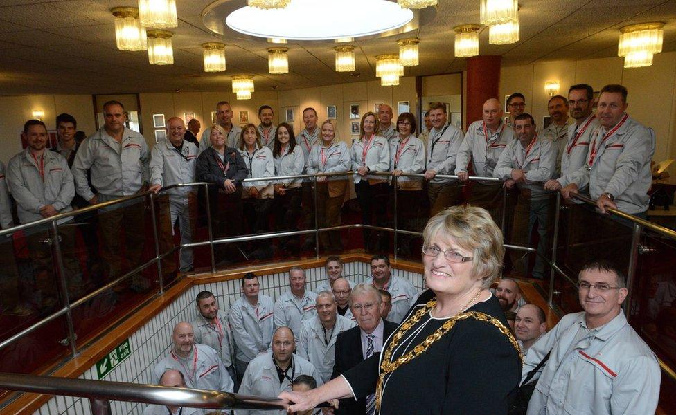 Deputy Leader Sunderland City Council Harry Trueman and Mayor of Sunderland Cllr Doris McKnight with some of Nissan's Sunderland workforce