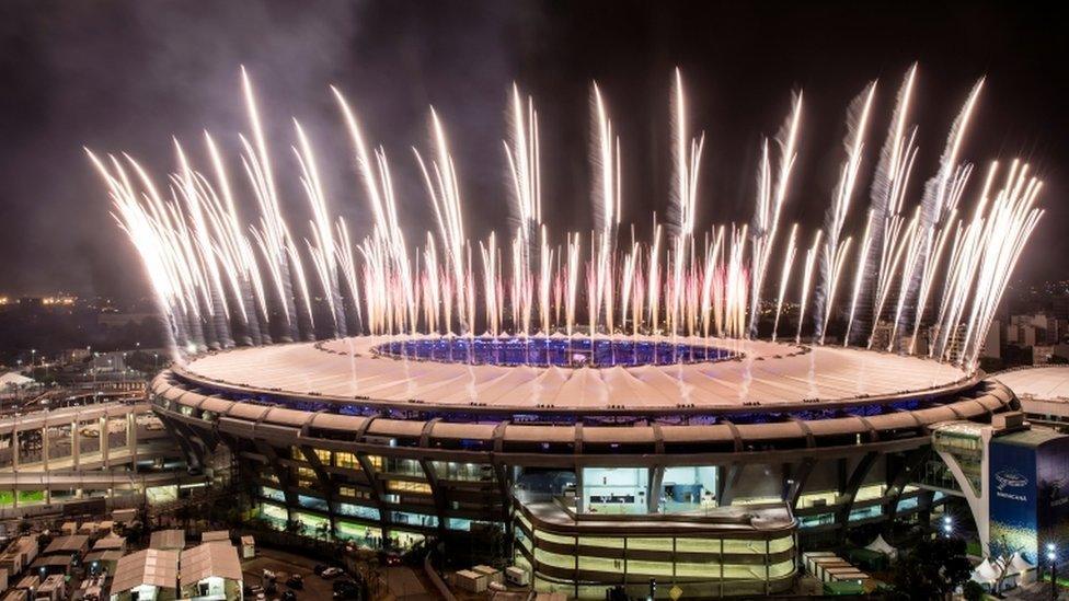 Fireworks explode above the Maracana stadium during the rehearsal of the opening ceremony of the Olympic Games. Photo: 3 August 2016