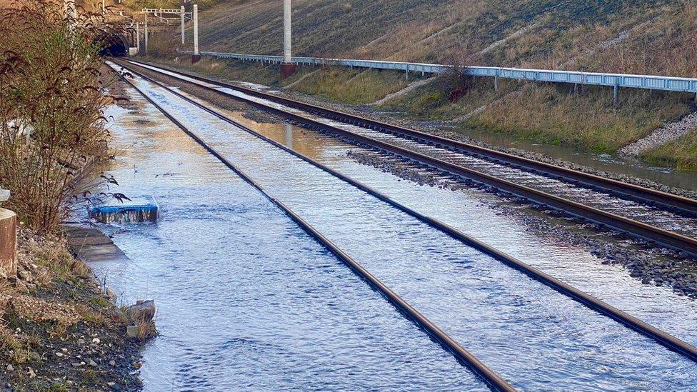 Flooded railway track at Chipping Sodbury