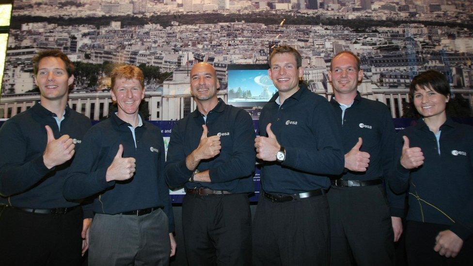 The six European astronauts selected with Tim Peake (from L to R) French Thomas Pesquet, British Timothy Peake, Italian Luca Parmitano, Danish Andreas Morgensen, German Alexander Gerst and Italian Samantha Cristoforetti