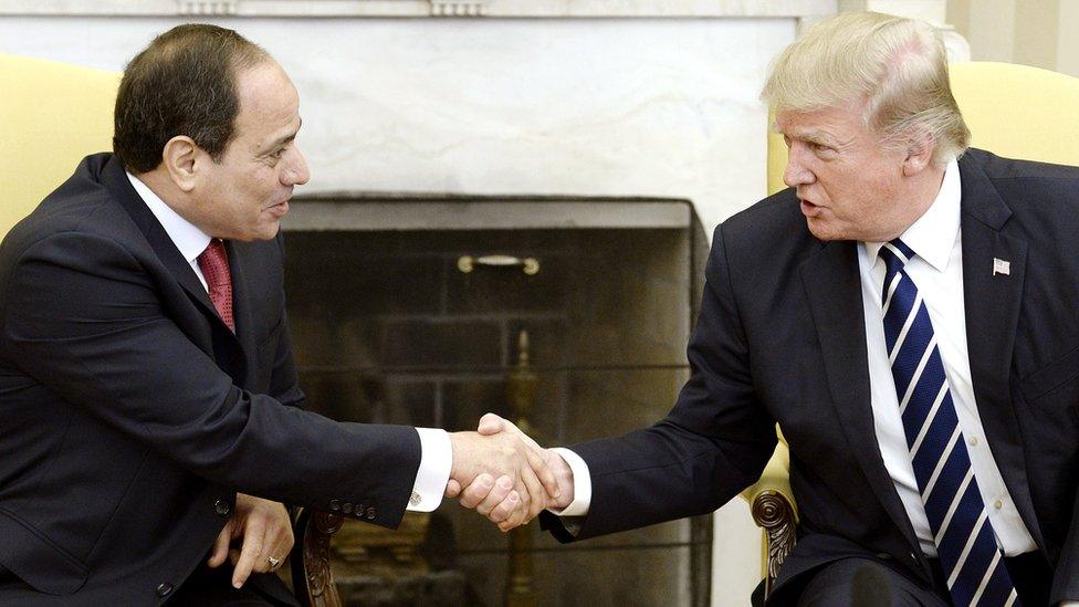 US President Donald Trump (R) shakes hands with Egyptian President Abdul Fattah al-Sisi in the Oval Office of the White House on 3 April 2017