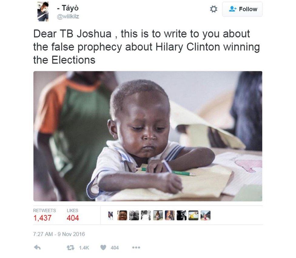 Meme about TB Joshua, showing a young boy writing a letter: "Dear TB Joshua, this is to write to you about the false prophecy of Hillary Clinton winning the elections."