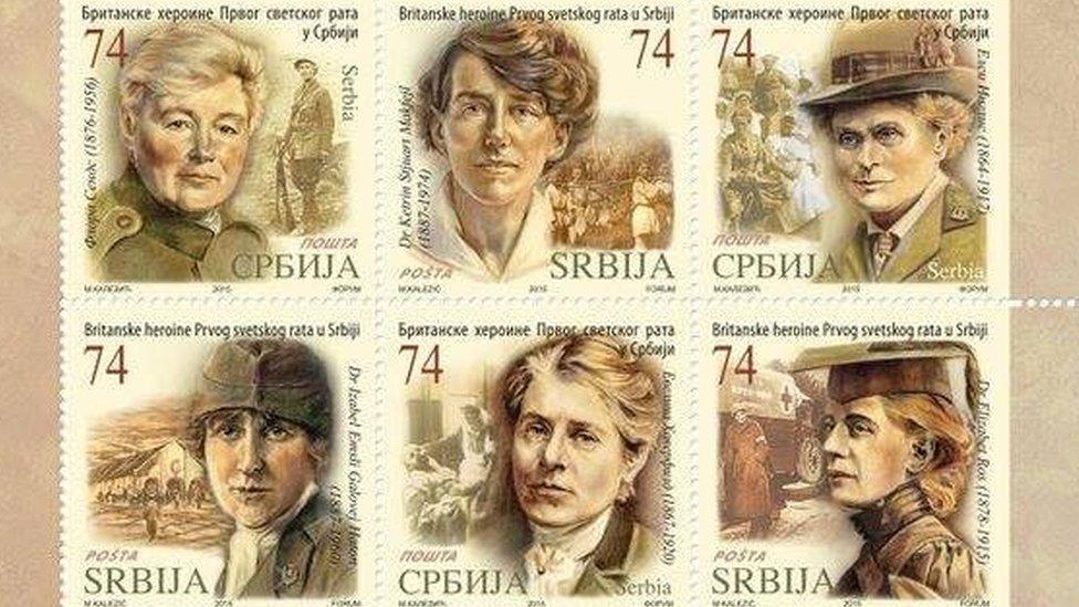 Stamps featuring Cpt Flora Sandes, Dr Katherine Stewart MacPhail, Dr Elsie Inglis, Dr Isabel Gallowey Hutton, Evelina Haverfield and Dr Elizabeth Ross