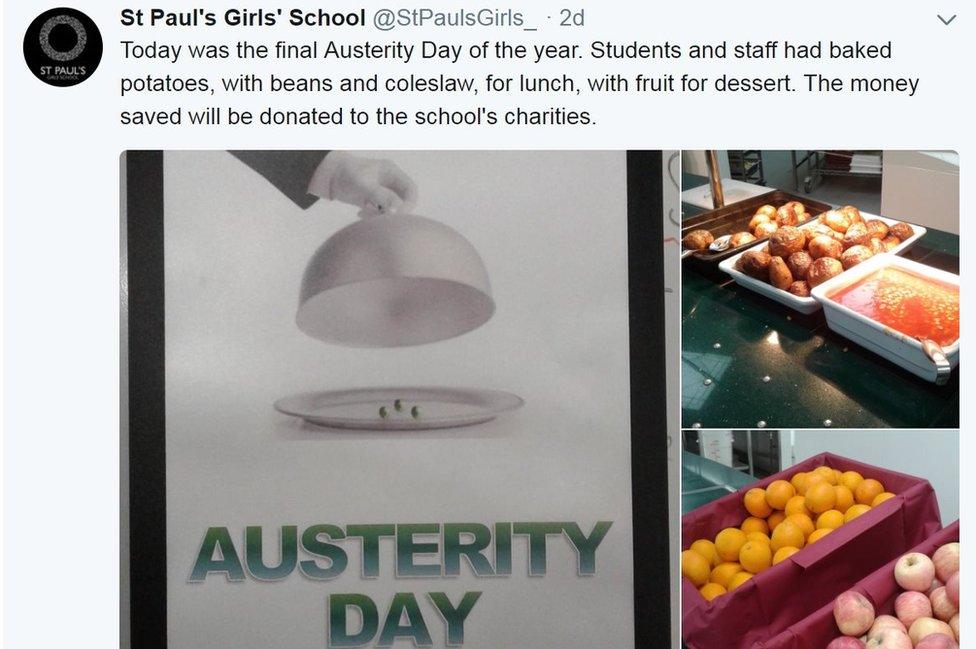 The school posted on Twitter about an Austerity Day held on Wednesday