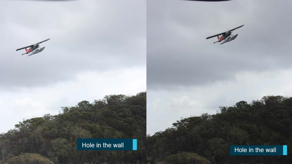 Witness photograph showing the aircraft above the spot in the river labelled 'Hole in the Wall'