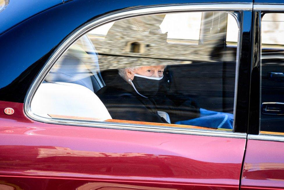 Queen Elizabeth II during the funeral of Prince Philip, Duke of Edinburgh at Windsor Castle on April 17, 2021 in Windsor, England.