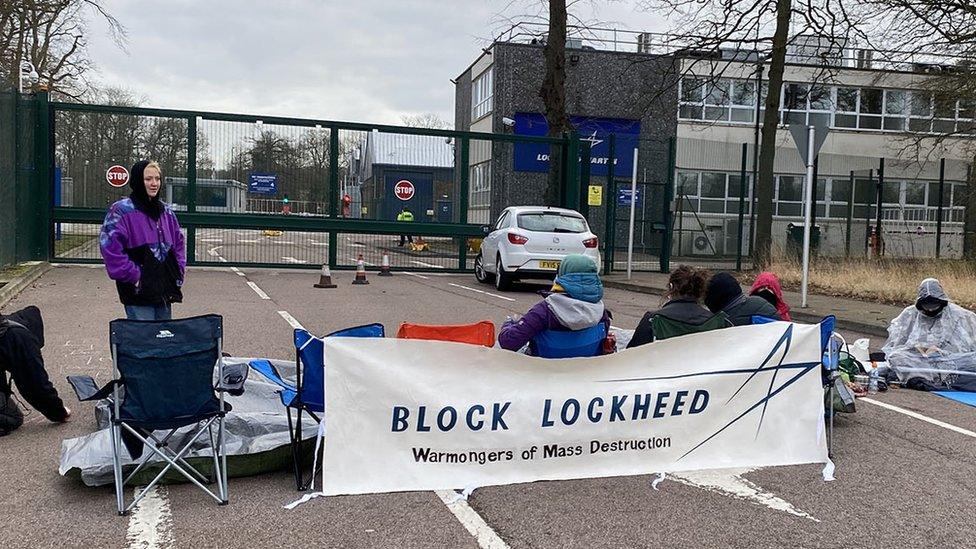 Anti-weapons protesters blocked traffic from the Lockheed Martin plant in Ampthill