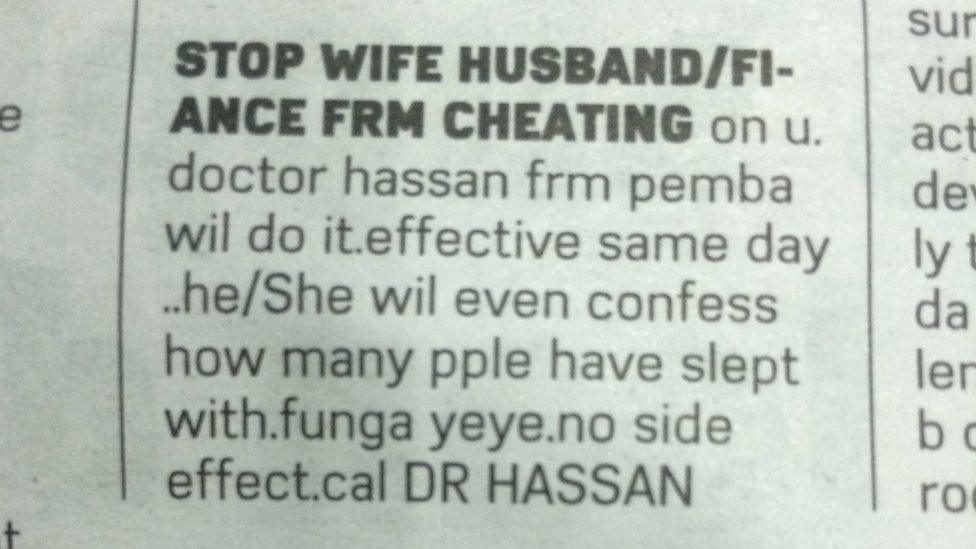 Kenyan newspaper advert saying, "Stop wife husband/fiance cheating... call Dr Hassan"