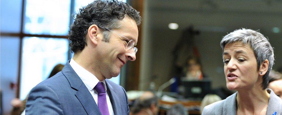 Jeroen Dijsselbloem with Margrethe Vestager (file pic)