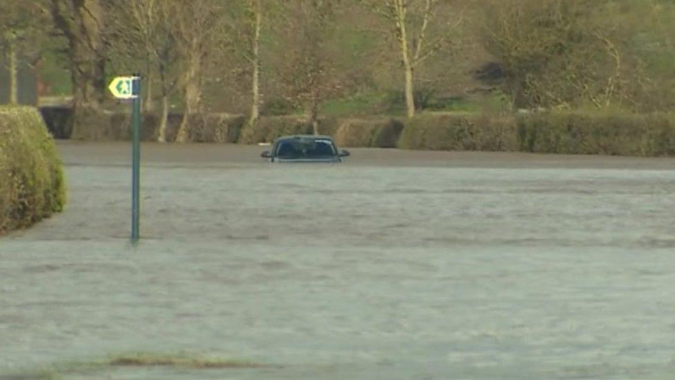 Car under water at Bangor on Dee