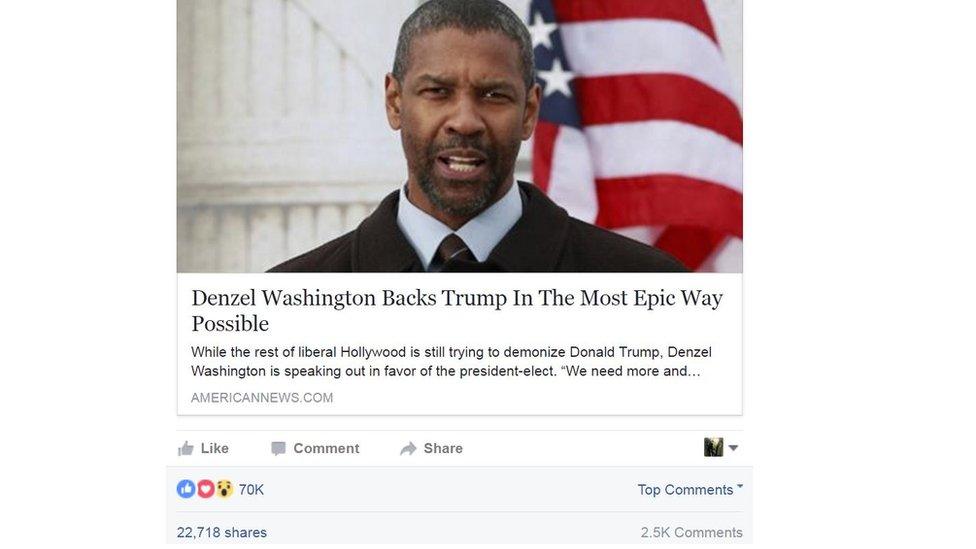 Picture of American News Facebook post linking to false story