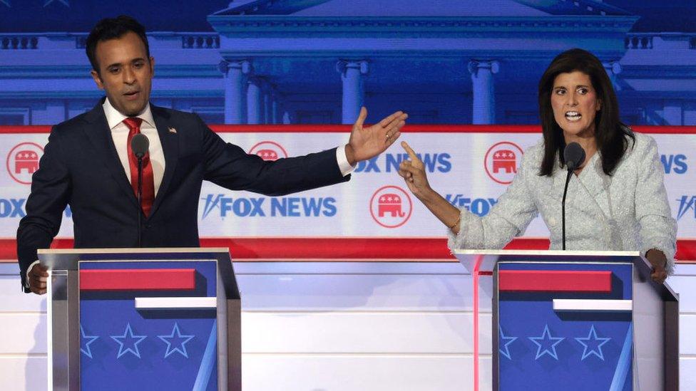 Vivek Ramaswamy and Nikki Haley at the first debate in Wisconsin