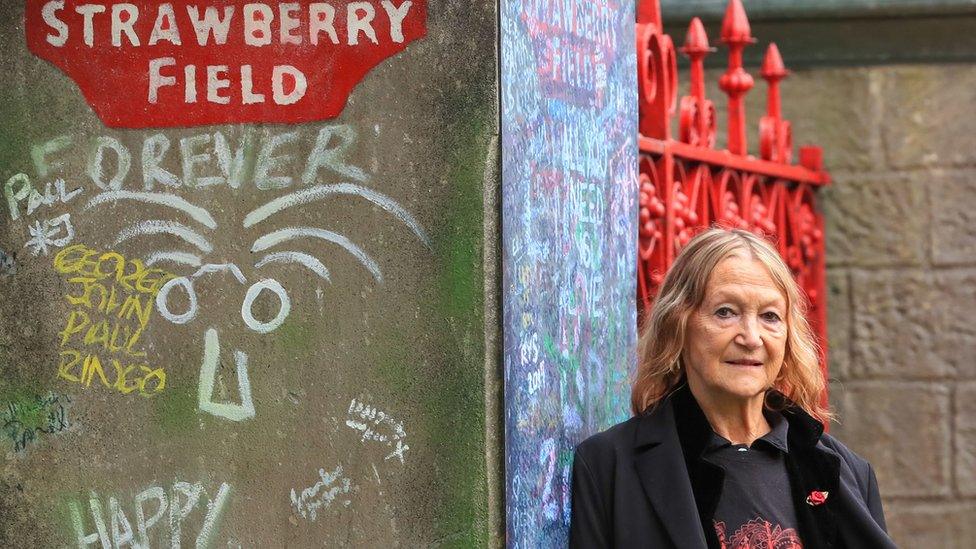 John Lennon's sister Julia Baird outside Strawberry Field