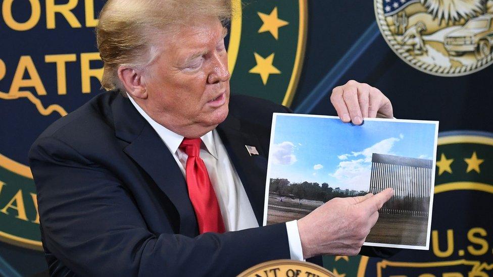 Trump and an image of the bollard barrier