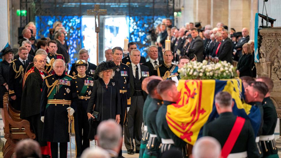 Britain's King Charles, Queen Camilla, Anne, Princess Royal, Prince Andrew, Duke of York, Prince Edward, Earl of Wessex, and Vice Admiral Sir Tim Laurence attend a Service of Prayer and Reflection for the Life of Queen Elizabeth II at St Giles' Cathedral, Edinburgh, Scotland, Britain, 12 September 2022.