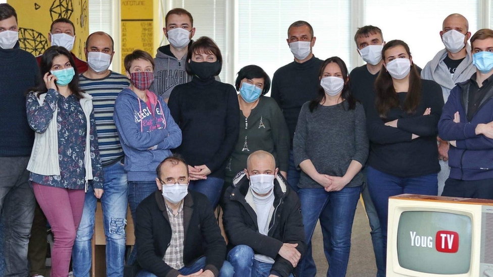 A group photo of journalists, including Serhiy, before war broke out in Ukraine