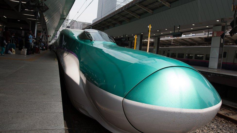 Bullet train at a platform at Tokyo train station.