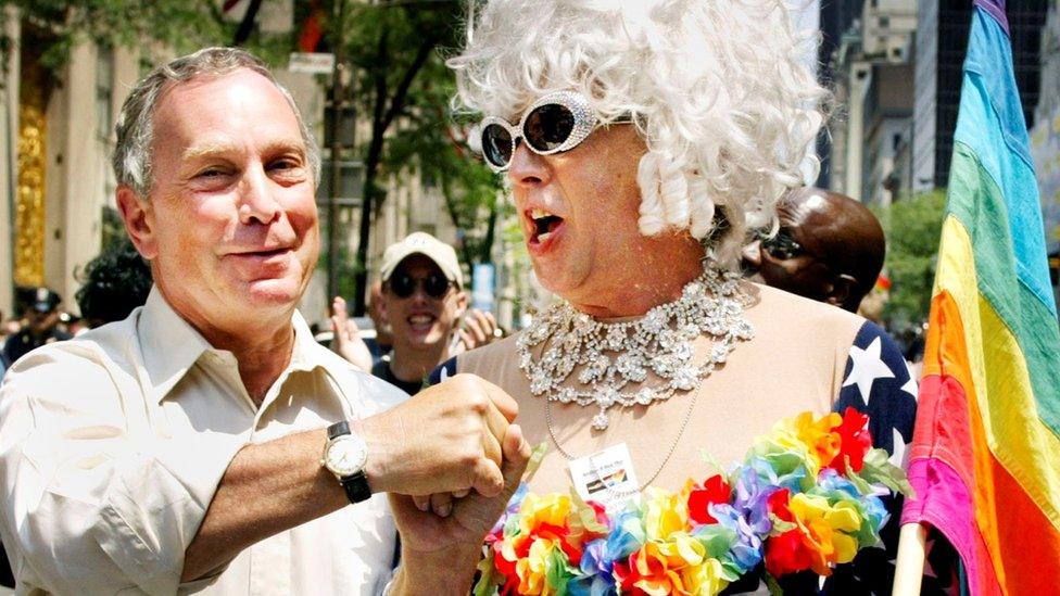 New York Mayor Michael Bloomberg greets Gilbert Baker, NYC Gay Pride 2002