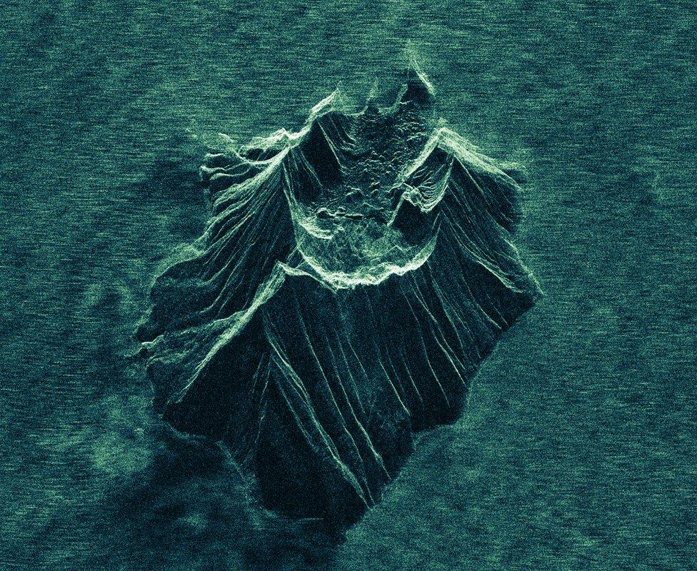 A satellite radar image showing White Island volcano following the eruption