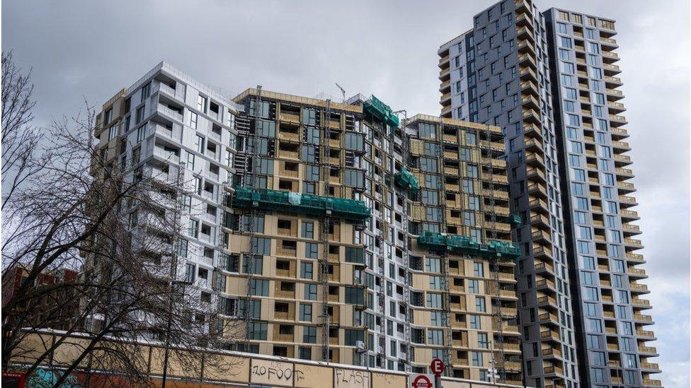 Construction work continues on apartment blocks on March 15, 2024 in London