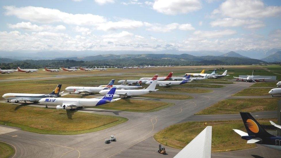 Lots of planes at a facility in Tarbes in France