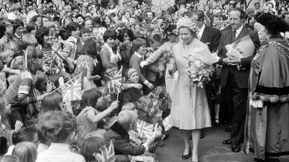 Queen Elizabeth during a visit to Birmingham for her Silver Jubilee tour.