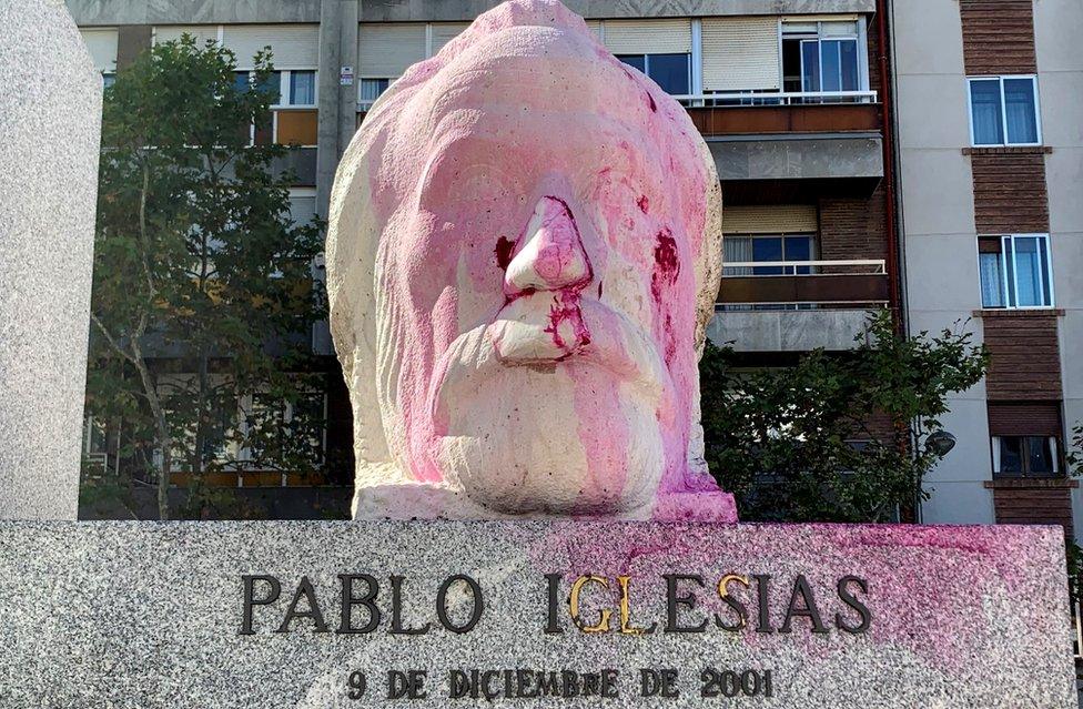 Vandalised statue dedicated to Pablo Iglesias (1850-1925), the founder of Spanish Socialist Party, at a park in Madrid, Spain