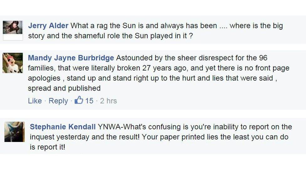 Facebook comments on The Sun Facebook page