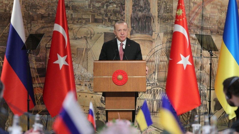 Turkish President Tayyip Erdogan addresses Russian and Ukrainian negotiators before their face-to-face talks in Istanbul