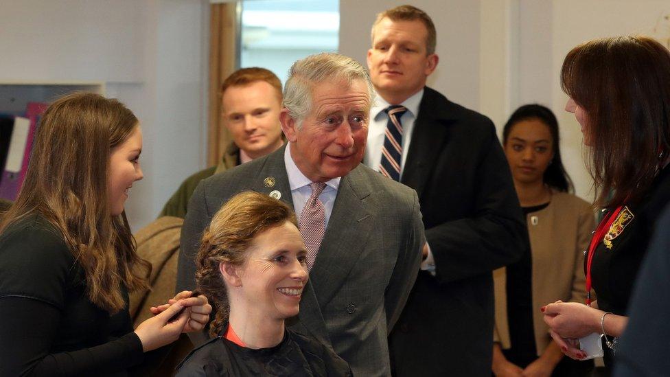 Prince Charles at the Applied Learning Centre at the Ullswater Community College in Penrith, during a day of visits to Cumbria, three months after he visited flood-hit communities in the wake of Storm Desmond.