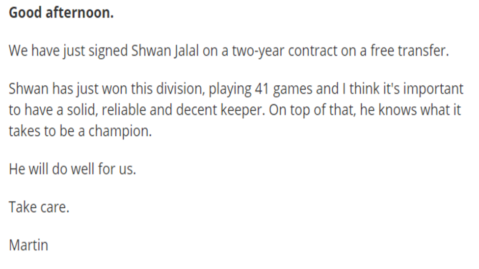 Martin Allen's player signing announcement of Shwan Jalala