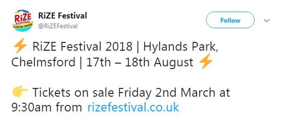 Tweet from Rize Festival, with no mention of an event in Staffordshire