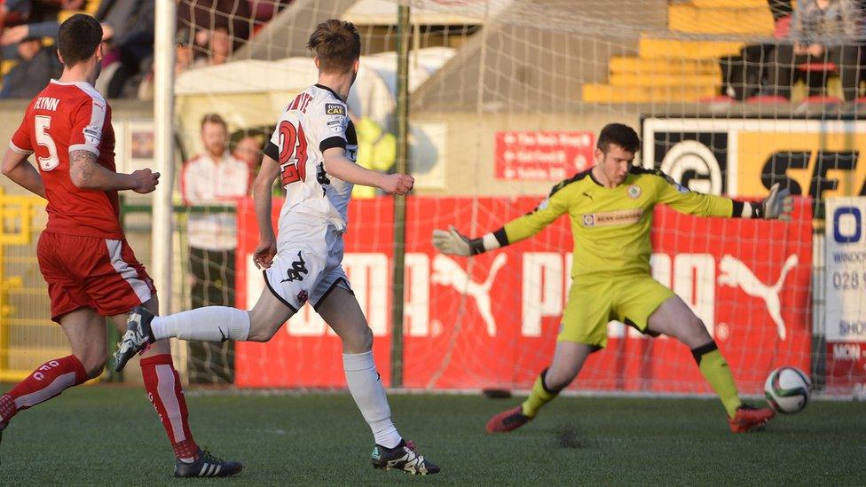 A win over Cliftonville on Tuesday night would clinch the title and Gavin Whyte strikes low to put the Crues ahead at Solitude