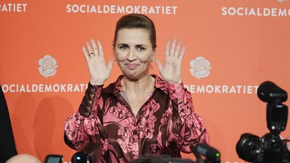 Danish Prime Minister Mette Frederiksen speaks at an event on election results night in Christiansborg, Copenhagen, Denmark