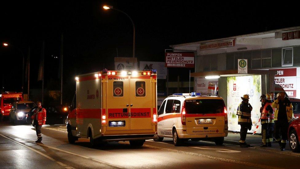 German emergency services in the area where a man with an axe attacked passengers on a train near the city of Wurzburg, Germany. July 19, 2016