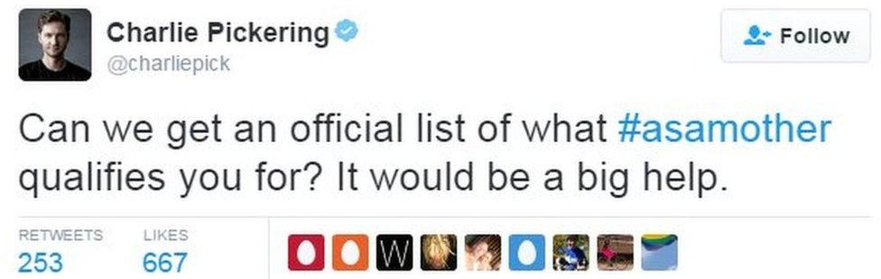 @charliepick tweets: "Can we get an official list of what #askamother qualifies you for? It would be a big help."