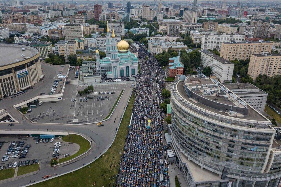 Muslims pray on the street in Moscow, 25 June