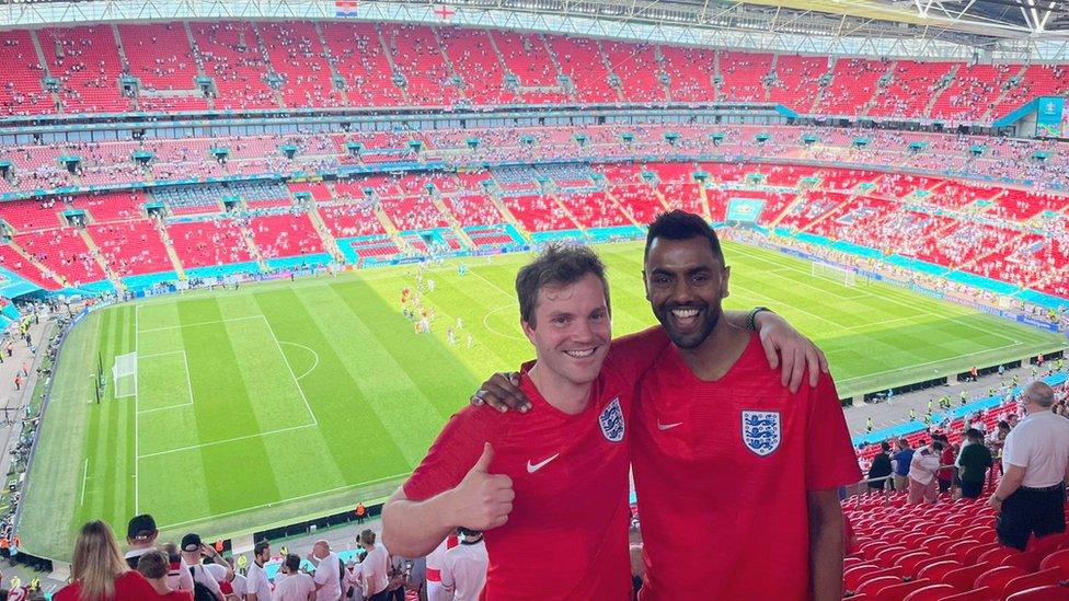 Blayne Pereira (right) and Adam Smith at the England v Croatia game.