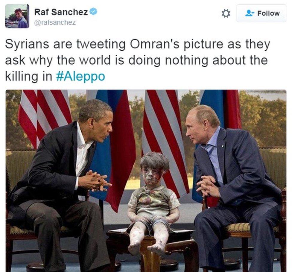 "Syrians are tweeting Omran's picture as they ask why the world is doing nothing about the killing in #Aleppo"