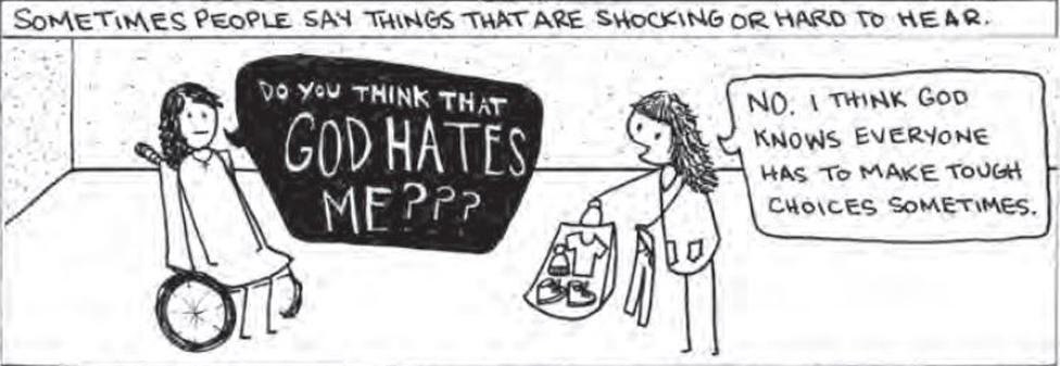 Comic shows patient asking: "Do you think God hates me?"