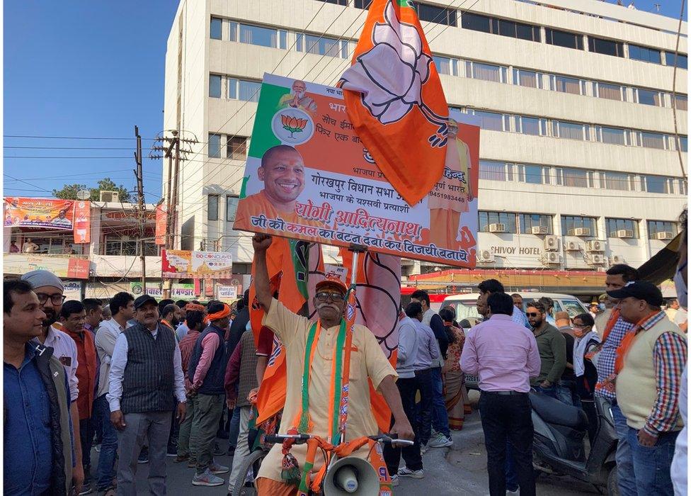 A supporter of Yogi Adityanath at his Gorakhpur rally