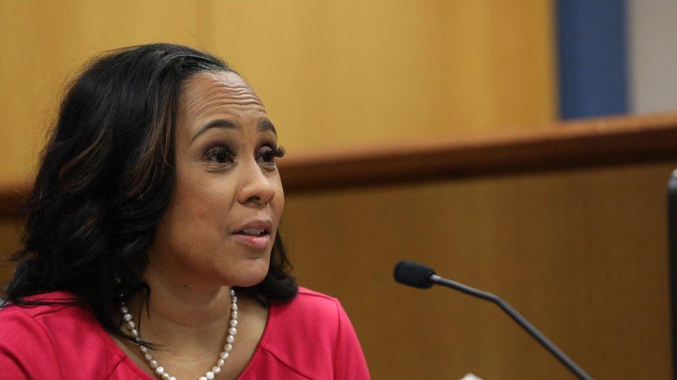 Fani Willis, Fulton County District Attorney, testifies at the Fulton County Courthouse in Atlanta, Georgia, US, on Thursday, Feb. 15, 2024