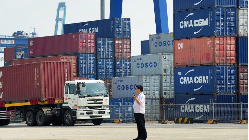 Shipping containers in a Chinese port