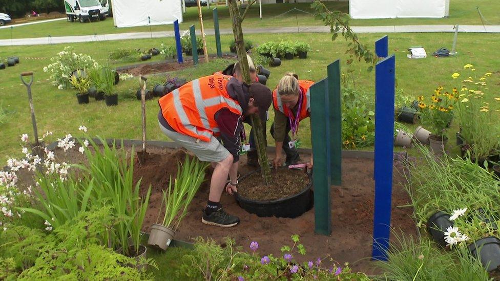 Community group planting tree